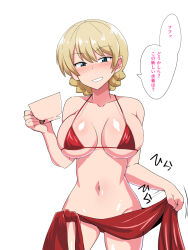 Rule 34 | 1girl, bikini, blonde hair, blue eyes, blush, braid, breasts, cup, darjeeling (girls und panzer), girls und panzer, highres, holding, holding cup, large breasts, lifting own clothes, looking at viewer, navel, sarong, short hair, solo, sugamo, swimsuit, translation request