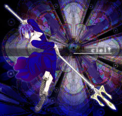Rule 34 | 00s, 1girl, blue hair, boots, character name, ciel (tsukihime), closed eyes, cross-laced footwear, holding, holding weapon, nazo kichi, polearm, short hair, sidelocks, solo, spear, stained glass, trident, tsukihime, weapon