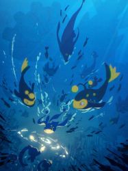 Rule 34 | animal focus, arc draws, bright pupils, chinchou, commentary request, creatures (company), fish, game freak, gen 2 pokemon, gen 3 pokemon, gen 4 pokemon, gorebyss, highres, kyogre, lanturn, legendary pokemon, light, looking down, manaphy, mythical pokemon, nintendo, no humans, phione, pink eyes, pokemon, pokemon (creature), silhouette, underwater