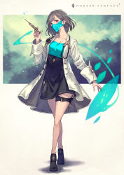 Rule 34 | 1girl, bad id, bad pixiv id, belt, blush, breasts, cleavage, closed mouth, coat, collarbone, doctor, english text, full body, gradient hair, grey hair, highres, holding, holding needle, holding syringe, kusano shinta, lab coat, light smile, long sleeves, looking at viewer, mask, multicolored hair, needle, open clothes, open coat, original, red eyes, shoes, short hair, simple background, sleeve cuffs, smile, solo, squirting liquid, standing, stethoscope, symbol, syringe