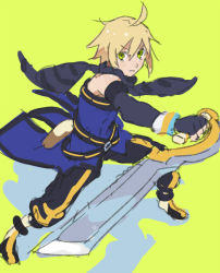 Rule 34 | 1boy, ahoge, bare shoulders, blonde hair, boots, elbow gloves, emil castagnier, gloves, green background, green eyes, pants, scarf, sword, tales of (series), tales of symphonia: dawn of the new world, weapon