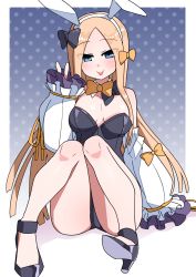 Rule 34 | 1girl, abigail williams (fate), akitokage, ass, bare shoulders, black bow, black leotard, blonde hair, blue background, blue eyes, blush, bow, bowtie, breasts, closed mouth, collarbone, detached collar, fate/grand order, fate (series), forehead, gradient background, hair bow, highres, knees together feet apart, leotard, long hair, looking at viewer, multiple bows, orange bow, orange ribbon, oversized breast cup, parted bangs, polka dot, polka dot bow, puffy sleeves, ribbed sleeves, ribbon, sitting, sleeves past wrists, small breasts, smile, solo, thighs, tongue, tongue out, v