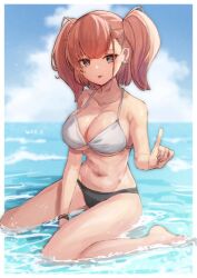 Rule 34 | 1girl, atlanta (kancolle), bare arms, bare legs, bare shoulders, barefoot, bikini, black bikini bottom, breasts, brown hair, cleavage, closed mouth, collarbone, earrings, grey eyes, groin, index finger raised, jewelry, kantai collection, large breasts, long hair, navel, single earring, sitting, solo, star (symbol), star earrings, swimsuit, tongue, tongue out, two side up, wariza, water, white bikini, wss (nicoseiga19993411)