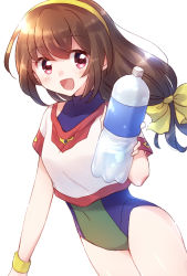 Rule 34 | 1girl, :d, absurdres, akehoshi kanata, battle athletes, bottle, brown hair, covered navel, crop top, gym uniform, hair ribbon, hairband, highres, holding, holding bottle, leotard, long hair, looking at viewer, nyaa (nnekoron), open mouth, red eyes, ribbon, shirt, short sleeves, smile, solo, two-tone leotard, water bottle