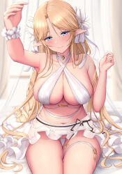 Rule 34 | 1girl, azur lane, bare shoulders, bikini, blonde hair, blue eyes, blush, breasts, brest (azur lane), cleavage, closed mouth, collarbone, commentary request, flower, hair flower, hair ornament, hands up, highres, large breasts, long hair, melopun, navel, parted bangs, pointy ears, sideboob, sitting, skirt, smile, solo, swimsuit, thigh gap, thigh strap, thighs, white bikini, white skirt