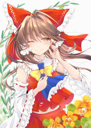 Rule 34 | 1girl, absurdres, ascot, blue ascot, bow, bowtie, brown hair, closed mouth, commentary request, detached sleeves, flower, frilled bow, frilled hair tubes, frills, hair bow, hair tubes, hakurei reimu, highres, light blush, long hair, one eye closed, red bow, red skirt, ribbon-trimmed sleeves, ribbon trim, skirt, skirt set, smile, solanikieru, solo, subterranean animism, touhou, yellow bow, yellow bowtie, yellow flower