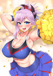 Rule 34 | 1girl, arm up, armpits, asymmetrical hair, bare shoulders, blouse, blue eyes, blue shirt, blue skirt, blush, breasts, cheerleader, cleavage, collarbone, confetti, crop top, earrings, fate/grand order, fate (series), hair ornament, highres, jewelry, katsura harufumi, large breasts, long hair, looking at viewer, midriff, miyamoto musashi (fate), navel, open mouth, pink hair, pleated skirt, pom pom (cheerleading), ponytail, shirt, skirt, sleeveless, smile, solo