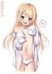 Rule 34 | 1girl, :d, artist name, blonde hair, blue eyes, blush, bow, bow panties, collarbone, cowboy shot, cropped legs, dress shirt, ebifurya, flat chest, heart, highres, jervis (kancolle), kantai collection, long hair, navel, off shoulder, open clothes, open mouth, open shirt, panties, shirt, simple background, sleeves past wrists, smile, solo, spoken heart, twitter username, underwear, white background, white panties