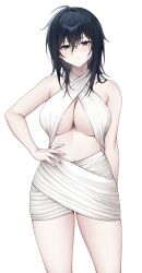 Rule 34 | 1girl, absurdres, black hair, breasts, cleavage, dress, foxie30, highres, large breasts, navel, original, underboob, white dress, yokoyama ishimi