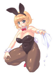 Rule 34 | 1girl, animal ears, blonde hair, bow, bowtie, breasts, cleavage, cum, detached collar, facial, fake animal ears, fax ogawa, large breasts, leotard, nose, pantyhose, playboy bunny, plump, rabbit ears, short hair, solo, tears, thighs, tissue, wrist cuffs