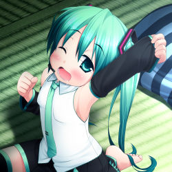 Rule 34 | 1girl, aqua eyes, aqua hair, arm up, armpits, barefoot, black thighhighs, blush, chibi miku, child, clenched hand, clenched hands, detached sleeves, drooling, feet, flat chest, hatsune miku, head tilt, headphones, headset, inuarashi, long hair, necktie, one eye closed, open mouth, pillow, raised fist, saliva, shirt, sitting, skirt, sleeveless, sleeveless shirt, solo, stretching, striped, thighhighs, toes, twintails, very long hair, vocaloid, wink, yawning, aged down, zettai ryouiki