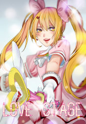 Rule 34 | 1boy, bad anatomy, bow, copyright name, cosplay, crossdressing, earrings, foreshortening, gloves, hair bow, hair ornament, heart, heart earrings, heart hair ornament, jewelry, lala-lulu (love stage!!), lala-lulu (love stage!!) (cosplay), long hair, looking at viewer, love stage!!, male focus, open mouth, pink bow, scoyanjun, sena izumi (love stage!!), solo, trap, twintails, wand, white gloves, yellow eyes