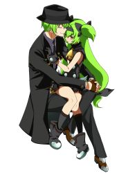 Rule 34 | 1boy, 1girl, alternate color, alternate eye color, alternate hair color, arc system works, blazblue, blazblue: continuum shift, bow, fedora, fingerless gloves, gloves, green hair, hair bow, hairband, hat, hazama, heart, heart-shaped pupils, highres, long hair, low-tied long hair, necktie, platinum the trinity, quad tails, ribbon, simple background, sitting, sitting on lap, sitting on person, skirt, smile, symbol-shaped pupils, toudou hayate, two side up, very long hair, white background, yellow eyes
