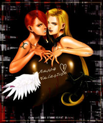 Rule 34 | 00s, 2girls, angel wings, blonde hair, blue eyes, candy, capcom, chocolate, chocolate heart, choker, cross, dark-skinned female, dark skin, devil may cry, devil may cry (series), devil may cry 2, food, hair over one eye, happy valentine, heart, holding hands, interlocked fingers, lips, lipstick, long hair, lucia (devil may cry), makeup, multiple girls, nail polish, nose, nude, red hair, short hair, silver lips, tattoo, trish (devil may cry), wings, wolfina