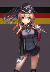 Rule 34 | 10s, 1girl, antennae, athrun1120, blonde hair, breasts, commentary request, german flag, gloves, hair ornament, hat, highres, kantai collection, long hair, looking at viewer, military, military uniform, peaked cap, prinz eugen (kancolle), radio antenna, simple background, smile, solo, striped, striped background, twintails, uniform