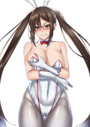 Rule 34 | 1girl, akuta hinako, alternate costume, animal ears, black-framed eyewear, bow, bowtie, breasts, brown eyes, brown hair, cameltoe, clenched teeth, covered navel, cowboy shot, detached collar, earrings, embarrassed, fake animal ears, fate/grand order, fate (series), glasses, gloves, grabbing own breast, grey pantyhose, hairband, highleg, highleg leotard, highres, jewelry, large breasts, lc 7v2, leotard, long hair, multiple earrings, pantyhose, playboy bunny, rabbit ears, red bow, red bowtie, simple background, solo, standing, strapless, strapless leotard, teeth, twintails, very long hair, white background, white gloves, white hairband, white leotard