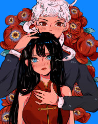 Rule 34 | 1boy, 1girl, absurdres, black hair, black shirt, blue background, blue eyes, blush, china dress, chinese clothes, couple, dress, earrings, fang, flower, highres, jewelry, lips, long hair, long sleeves, looking at viewer, original, red eyes, red shirt, shirt, short hair, sleeveless, slit pupils, snake, stephanie priscilla, upper body, white hair