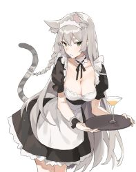 Rule 34 | 1girl, aiko (kanl), animal ears, apron, blush, braid, breasts, cat ears, cat tail, cleavage, cocktail glass, cup, drinking glass, green eyes, grey hair, leaning forward, long hair, looking at viewer, maid, maid apron, maid headdress, original, simple background, solo, tail, tray, very long hair, white background