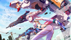 Rule 34 | 1girl, :d, benghuai xueyuan, blue eyes, blue sky, blush, breasts, cloud, cowboy shot, crossover, day, drill hair, dual wielding, floating hair, from side, gloves, groin, gun, hair ornament, hairband, hairclip, handgun, holding, holding gun, holding weapon, honkai (series), iotower, kiana kaslana, leaning forward, leggings, long hair, looking at viewer, looking to the side, mecha, medium breasts, navel, open mouth, pantyhose, plugsuit, revealing clothes, rifle, robot, silver hair, sky, smile, solo, stomach, twin drills, underboob, weapon, white gloves