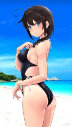 Rule 34 | 1girl, ahoge, alternate costume, ass, back cutout, beach, black hair, black one-piece swimsuit, blue eyes, braid, breasts, closed mouth, clothes pull, clothing cutout, facing to the side, from side, hair flaps, hair ornament, hairpin, highleg, highleg swimsuit, highres, kantai collection, light smile, long hair, looking at viewer, medium breasts, ocean, one-piece swimsuit, one-piece swimsuit pull, outdoors, pulled by self, shigure (kancolle), shigure kai ni (kancolle), sideboob, single braid, solo, swimsuit, wa (genryusui)