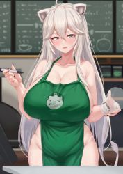 Rule 34 | 1girl, ahoge, alternate breast size, animal ears, apron, blurry, blurry background, breasts, cleavage, collarbone, commentary, cream cod, cup, english commentary, fangs, green apron, grey eyes, hair between eyes, highres, holding, holding cup, holding marker, hololive, huge breasts, lion ears, lion girl, lion tail, long hair, looking at viewer, marker, meme, mixed-language commentary, nail polish, naked apron, parted lips, shishiro botan, sideboob, silver hair, smile, solo, tail, virtual youtuber