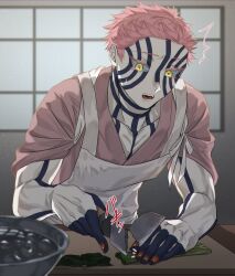 Rule 34 | 1boy, akaza (kimetsu no yaiba), apron, blurry, bowl, broken, collarbone, colored eyelashes, cooking, cutting, cutting board, depth of field, eyelashes, facial mark, facial tattoo, food, full-body tattoo, highres, holding, holding knife, indoors, japanese clothes, kimetsu no yaiba, kimono, kitchen, kitchen knife, knife, leaning forward, lins sana, male focus, open mouth, orange nails, pink hair, pink kimono, red kimono, short hair, sleeves rolled up, solo, surprised, tasuki, tattoo, text in eyes, toned, toned male, upper body, vegetable, white apron, yellow eyes