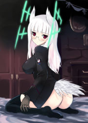 Rule 34 | 00s, 1girl, animal ears, ass, black thighhighs, glasses, gloves, head wings, heidimarie w. schnaufer, hirschgeweih antennas, kyogoku shin, military, military uniform, red eyes, solo, strike witches, tail, thighhighs, uniform, white hair, wings, world witches series