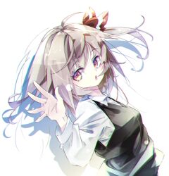 Rule 34 | 1girl, black vest, blonde hair, collared shirt, gorilla (bun0615), hair ribbon, highres, long sleeves, open mouth, red eyes, red ribbon, ribbon, rumia, shirt, short hair, simple background, solo, touhou, upper body, vest, white background, white shirt