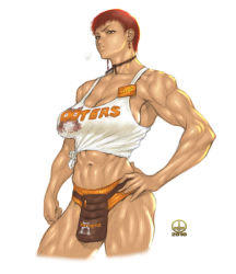 Rule 34 | 10s, 1girl, 2010, abs, belt pouch, breasts, brown eyes, choker, cleavage, clothes writing, cowboy shot, crop top, cropped legs, dairoku tenma, earrings, employee uniform, extreme muscles, hand on own hip, hooters, jewelry, large breasts, midriff, muscular, muscular female, name tag, navel, no legwear, nose, pouch, red hair, ribbon choker, shiny skin, shirt, short hair, short shorts, shorts, sideboob, solo, tan, tank top, the king of fighters, thick thighs, thighs, tied shirt, uniform, vice (kof), waitress