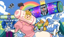 Rule 34 | 1girl, 1other, 2boys, bear, black eyes, black hair, blonde hair, blue suit, blush, cape, cloud, cow, crown, dress, facial hair, flower, formal, frills, gloves, grasslands, highres, katamari damacy, king of all cosmos, loveycloud, multiple boys, mustache, one eye closed, open mouth, outline, pants, pink dress, pointing, pointing at viewer, purple hair, purple pants, queen of all cosmos, rainbow, roboking (katamari damacy), robot, sparkle, suit, the prince (katamari damacy), white gloves, white outline, white suit, yellow eyes