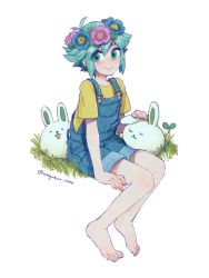 Rule 34 | 1boy, :&gt;, animal, arm support, barefoot, basil (headspace) (omori), basil (omori), blush, closed mouth, forest bunny (omori), grass, green eyes, green hair, head wreath, headpat, highres, looking at viewer, nagakun omo, omori, overall shorts, overalls, rabbit, shirt, short hair, short sleeves, simple background, sitting, smile, solo, twitter username, white background, yellow shirt