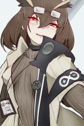 Rule 34 | 1girl, 8 ni, absurdres, arknights, armband, blush, brown hair, brown sweater, buttons, choker, eyewear on head, feather hair, glasses, grey background, grin, hair between eyes, half-closed eyes, highres, id card, jacket, long sleeves, looking at viewer, medium hair, open clothes, open jacket, owl ears, parted lips, photo-referenced, rectangular eyewear, red eyes, rhine lab logo, ribbed sweater, silence (arknights), smile, solo, sweater, turtleneck, turtleneck sweater, upper body, white jacket, yandere