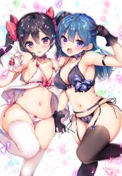 Rule 34 | 2girls, :d, :p, armband, armpits, ayuma sayu, babydoll, bare shoulders, black bra, black gloves, black hair, black legwear, black panties, black vs white, blue bow, blue hair, blush, bow, bra, breasts, brown eyes, choker, commentary request, earrings, fang, garter belt, gloves, hair between eyes, hair bow, hand up, in-franchise crossover, interlocked fingers, jewelry, large breasts, lingerie, long hair, looking at viewer, love live!, love live! school idol project, multiple girls, navel, no shoes, one side up, open mouth, panties, purple eyes, red bow, revision, side-tie panties, simple background, small breasts, smile, standing, standing on one leg, thighhighs, tongue, tongue out, tsushima yoshiko, twintails, underwear, underwear only, w, white background, white gloves, white legwear, white panties, yazawa nico