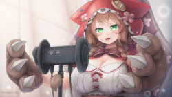 Rule 34 | 1girl, :d, absurdres, animal hands, animal hood, asmr, binaural microphone, blush, bow, braid, breasts, brown bow, brown hair, character name, cleavage, flower, gloves, green eyes, highres, hood, large breasts, microphone, nijisanji, open mouth, paw gloves, red bow, red hood, short hair, smile, solo, tousaki (tousakiworks), twin braids, upper body, virtual youtuber, warabeda meiji
