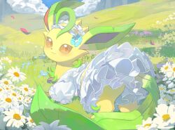 Rule 34 | absurdres, blue flower, brown eyes, clothed pokemon, creatures (company), day, dress, flong, flower, game freak, gen 4 pokemon, grass, green fur, hairband, highres, leafeon, leafeon (checkered), looking at viewer, looking back, nintendo, no humans, official alternate costume, outdoors, pokemon, pokemon unite, red petals, solo, two-tone fur, white dress, white flower, white hairband, yellow fur