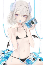 Rule 34 | 1girl, absurdres, bare arms, bare shoulders, bikini, black bikini, candy, commentary, detached wings, flat chest, food, game boy, game boy color, grey hair, grey wings, hair between eyes, hair intakes, handheld game console, hands up, highres, holding, holding candy, holding food, holding lollipop, horns, lollipop, looking at viewer, low wings, mayogii, mini wings, navel, o-ring, o-ring bikini, o-ring bottom, o-ring top, original, purple eyes, simple background, sitting, solo, swimsuit, symbol-only commentary, white background, wings
