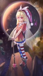 Rule 34 | 1girl, adapted costume, american flag legwear, black footwear, blonde hair, boots, clownpiece, commentary, dress, english commentary, fairy wings, full body, hat, highres, jester cap, jewelry, long hair, looking at viewer, neck ruff, pantyhose, planted, pom pom (clothes), purple hat, red dress, red eyes, short sleeves, solo, tlobtr, touhou, wings