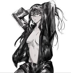 Rule 34 | 1girl, arms up, breasts, collarbone, cowboy shot, glasses, highres, jacket, kamishiro rize, large breasts, long hair, long sleeves, navel, no shirt, open clothes, open jacket, open pants, pants, parted lips, shiny clothes, simple background, solo, teeth, tokyo ghoul, white background, yourfreakyneighbourh