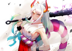 Rule 34 | 1girl, absurdres, aqua hair, armpits, bare arms, bare shoulders, blush, breasts, brown eyes, club (weapon), cuffs, curled horns, earrings, green hair, grey hair, grin, hair ornament, hair stick, hakama, haki, hand on own hip, handcuffs, high ponytail, highres, holding, holding weapon, hoop earrings, horns, japanese clothes, jewelry, jskoyona, kimono, large breasts, long hair, looking at viewer, multicolored hair, multicolored horns, one piece, oni, over shoulder, red horns, rope, shimenawa, sideboob, sidelocks, sleeveless, sleeveless kimono, smile, solo, twitter username, v-shaped eyebrows, very long hair, weapon, weapon over shoulder, wind, yamato (one piece)