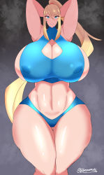 Rule 34 | 1girl, 46ayamahi, absurdres, adapted costume, arms behind back, blonde hair, blue bodysuit, blue eyes, blush, bodysuit, breasts, cleavage, curvy, gigantic breasts, gluteal fold, highres, huge breasts, long hair, looking at viewer, metroid, mole, mole under mouth, nintendo, ponytail, samus aran, shiny skin, sideboob, skin tight, solo, steam, thick thighs, thigh gap, thighs, wide hips, zero suit
