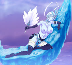 Rule 34 | 1girl, bad id, bad pixiv id, blue eyes, blue hair, blue skin, blue theme, blue thighhighs, breasts, colored skin, elbow gloves, gloves, hand fan, highres, ice, jt dong-agyoku, large breasts, looking at viewer, nipples, parted lips, shiva (final fantasy), short hair, solo, thighhighs, topless