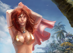 Rule 34 | 1girl, armpits, arms up, artist name, bikini, bird, blue eyes, blue sky, breasts, brown hair, choker, closed mouth, cloud, commentary, dancer (ragnarok online), dated, day, ekaterina orange, english commentary, freckles, hair between eyes, jewelry, lip piercing, long hair, looking at viewer, medium breasts, nose piercing, outdoors, palm tree, piercing, ragnarok online, sky, smile, solo, swimsuit, tree, upper body, watermark, web address, yellow bikini