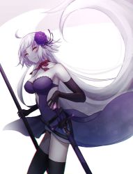 Rule 34 | ahoge, dress, elbow gloves, fate/grand order, fate (series), flower, gloves, hair flower, hair ornament, highres, jeanne d&#039;arc alter (fate), looking at viewer, neck ribbon, non-web source, pale skin, purple dress, ribbon, roro 982, white hair