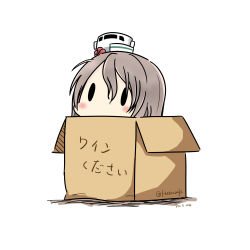 Rule 34 | 10s, 1girl, absurdres, bad id, bad pixiv id, blush, box, cardboard box, chibi, dated, grey hair, hair ornament, hatsuzuki 527, highres, in box, in container, kantai collection, pola (kancolle), simple background, solid oval eyes, solo, translated, twitter username, white background