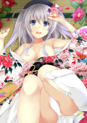 Rule 34 | &gt;:d, 10s, 1girl, :d, alternate costume, bad id, bad pixiv id, bare shoulders, beret, blue eyes, blush, breasts, feet, flower, hagoita, hair flower, hair ornament, happy new year, hat, japanese clothes, kantai collection, kashima (kancolle), kimono, knees together feet apart, long hair, looking at viewer, lying, medium breasts, new year, no shoes, obi, off shoulder, on back, open mouth, paddle, panties, sash, sidelocks, silver hair, smile, socks, solo, two side up, underwear, v-shaped eyebrows, white panties, white socks, youkan (mattya youkan)