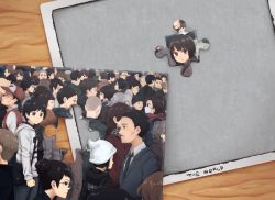 Rule 34 | baseball cap, black hair, brown eyes, brown hair, buzz cut, commentary, crowd, english text, facial hair, formal, glasses, hat, hood, hoodie, jigsaw puzzle, mask, mouth mask, multiple boys, multiple girls, mustache, original, puzzle, short hair, suit, surgical mask, very short hair, yajirushi (chanoma)