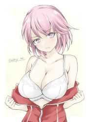 Rule 34 | 1girl, alternate costume, bra, breasts, cleavage, gakky, giuseppe garibaldi (kancolle), jacket, kantai collection, large breasts, looking at viewer, one-hour drawing challenge, open clothes, open jacket, pink eyes, pink hair, red jacket, short hair, simple background, solo, underwear, upper body, white background, white bra