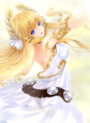 Rule 34 | 1girl, azur lane, backless dress, backless outfit, bare shoulders, black panties, blonde hair, blue eyes, chain, commentary request, cowboy shot, dress, floating hair, hair ornament, hajika, highres, laurel crown, long hair, looking at viewer, looking back, open mouth, outdoors, outstretched arms, panties, ribbon, rigging, see-through, solo, spread arms, sunlight, turret, underwear, veil, victorious (azur lane), wrist ribbon