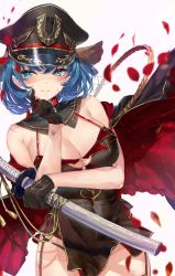 Rule 34 | 1girl, akasaai, arm under breasts, bare shoulders, black gloves, blue eyes, blue hair, blush, bracelet, breasts, capelet, chemise, cleavage, cowboy shot, detached collar, gloves, hand on own chin, hat, highres, holding, holding sword, holding weapon, jewelry, large breasts, looking at viewer, off shoulder, original, petals, rose petals, scabbard, sheath, short hair, smile, solo, sword, thighhighs, weapon