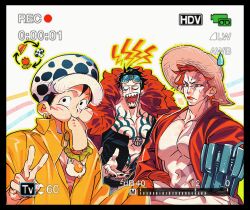 Rule 34 | 3boys, angry, black hair, blush, cheek bulge, chest tattoo, coat, collared shirt, cosplay, costume switch, eustass kid, eustass kid (cosplay), failure, food, food in mouth, fur coat, goggles, goggles on head, hat, highres, kithwith (kith 0121), large pectorals, long sideburns, looking at another, male focus, monkey d. luffy, monkey d. luffy (cosplay), multiple boys, muscular, muscular male, one piece, open clothes, open shirt, pectoral cleavage, pectorals, recording, red hair, red shirt, sandwich, scar, scar on chest, sharp teeth, shirt, short hair, sideburns, sleeves past fingers, sleeves past wrists, straw hat, sweatdrop, tattoo, teeth, thick eyebrows, trafalgar law, trafalgar law (cosplay), upper body, v, viewfinder